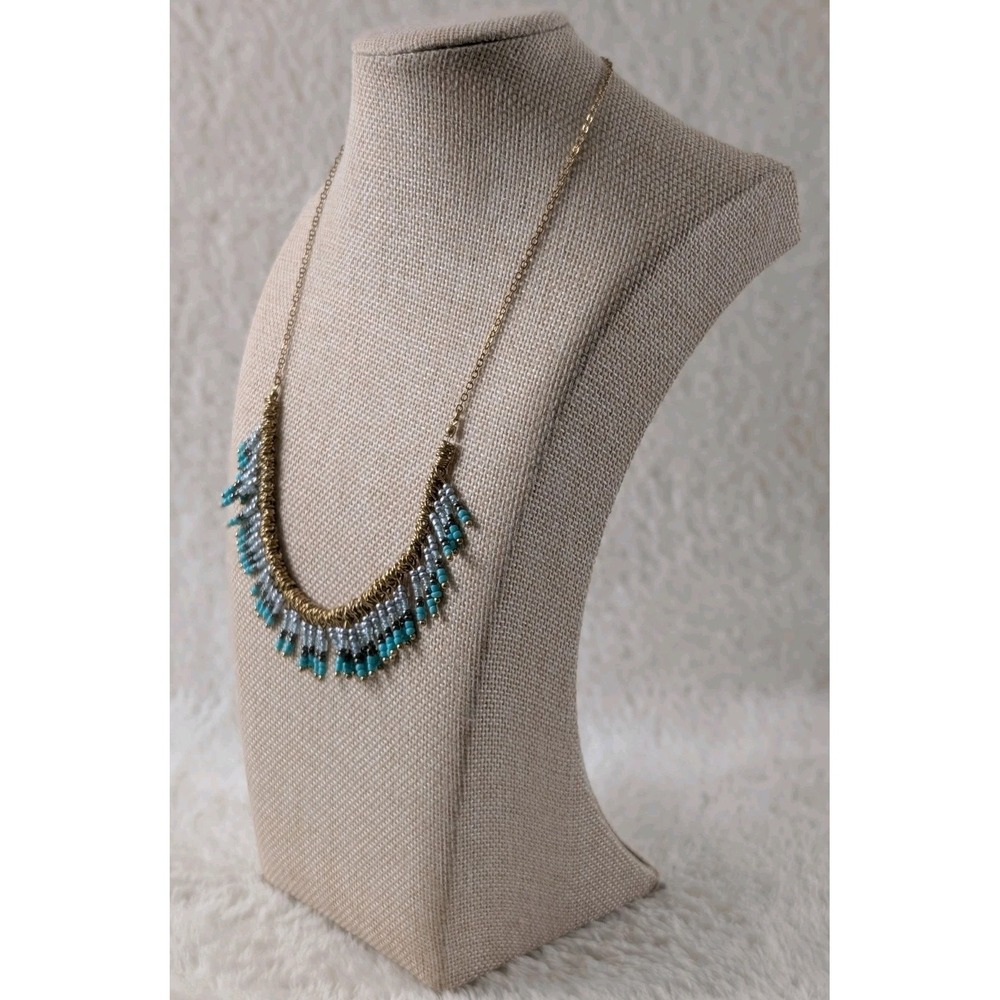 Boho Gold Tone Beaded Fringe Necklace Turquoise Gray Seed Bead Statement‎